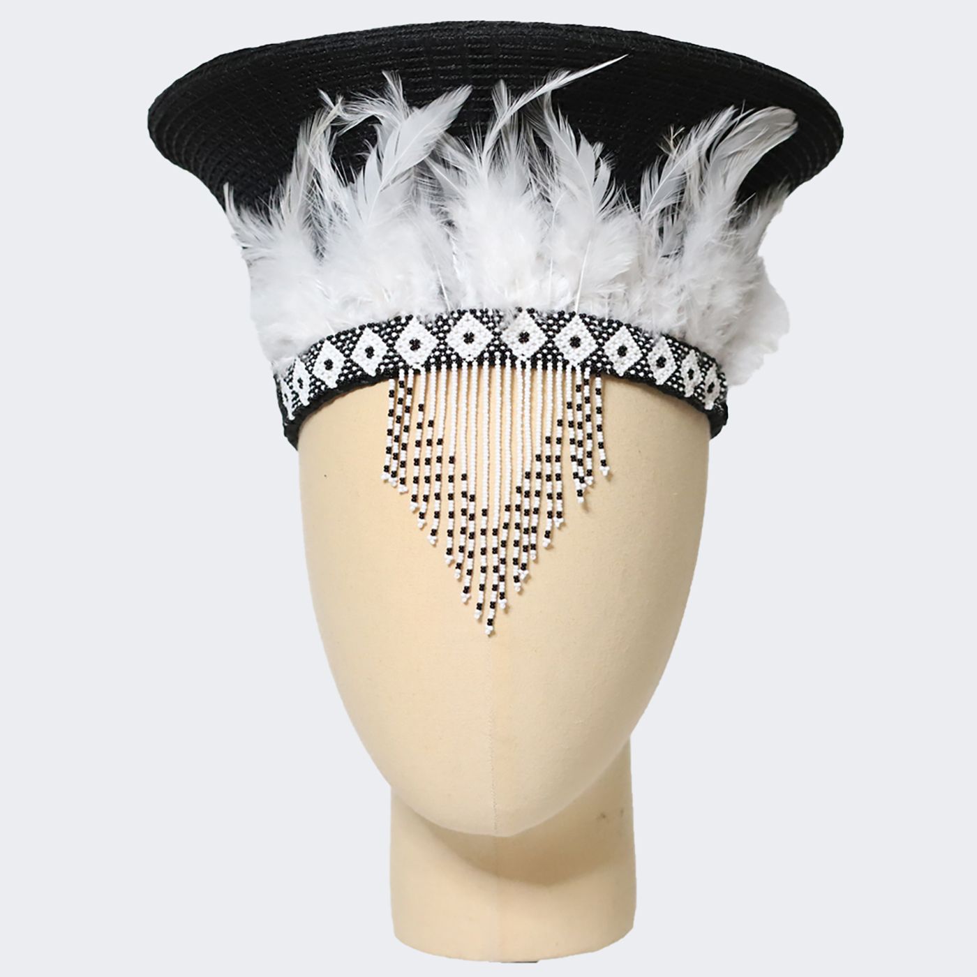 Zulu Basket Hat with Beading & Feathers - Black & White-0