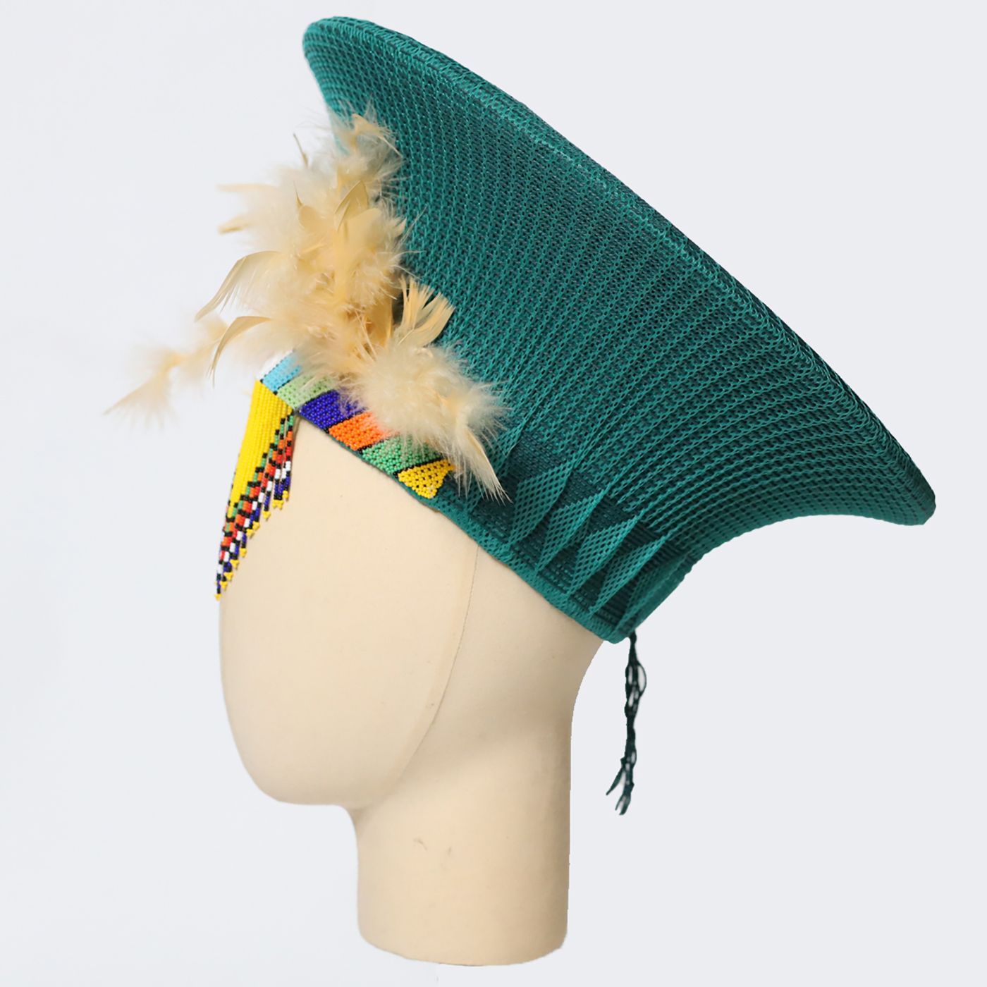 Zulu Wide Basket Hat with Beading & Feathers | Green-2