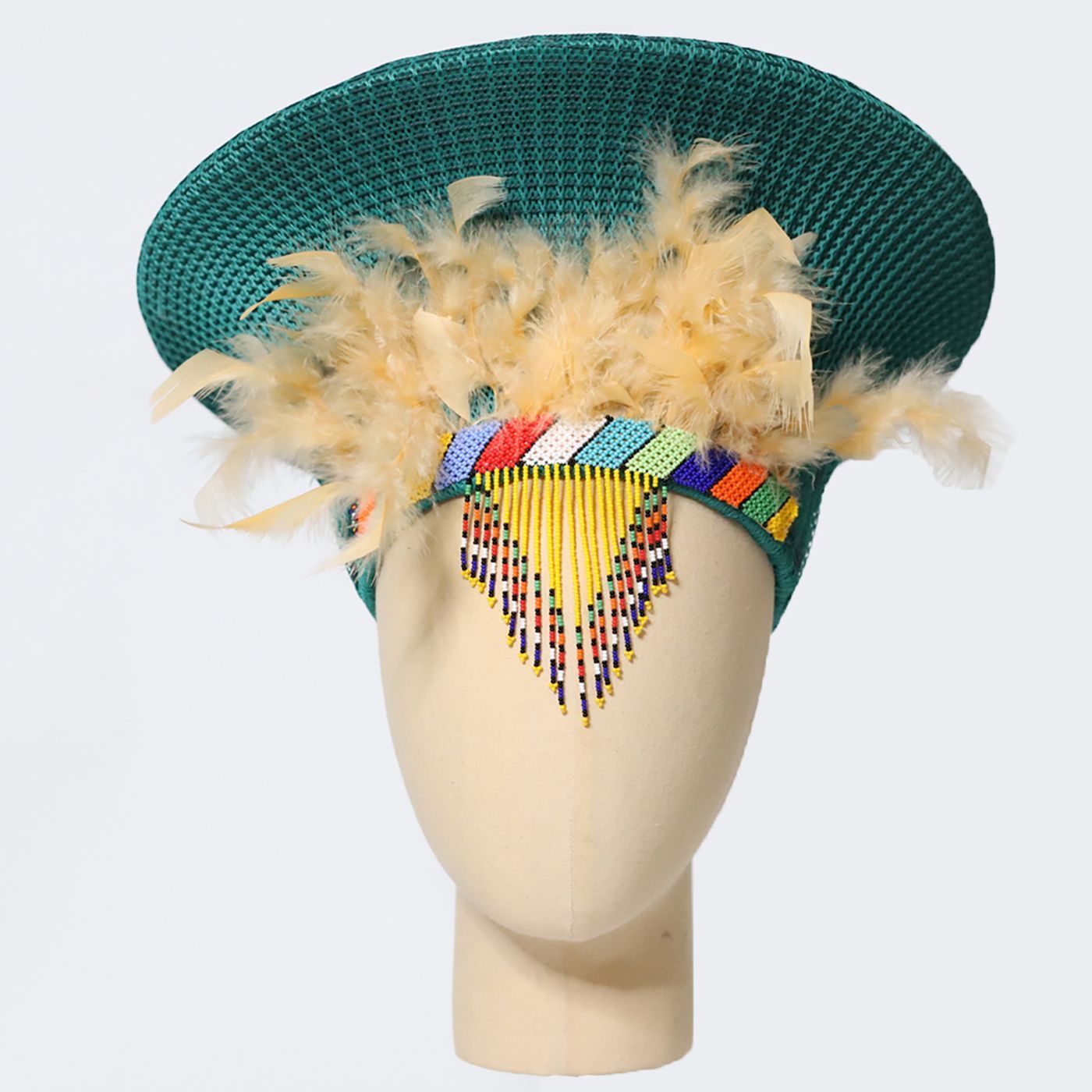 Zulu Wide Basket Hat with Beading & Feathers | Green-1