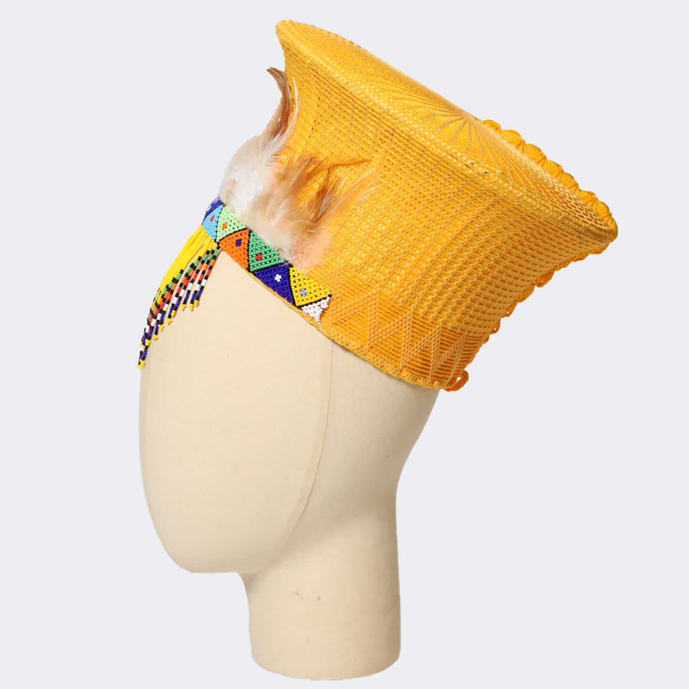 Zulu Basket Hat with Beading & Feathers- Yellow-1