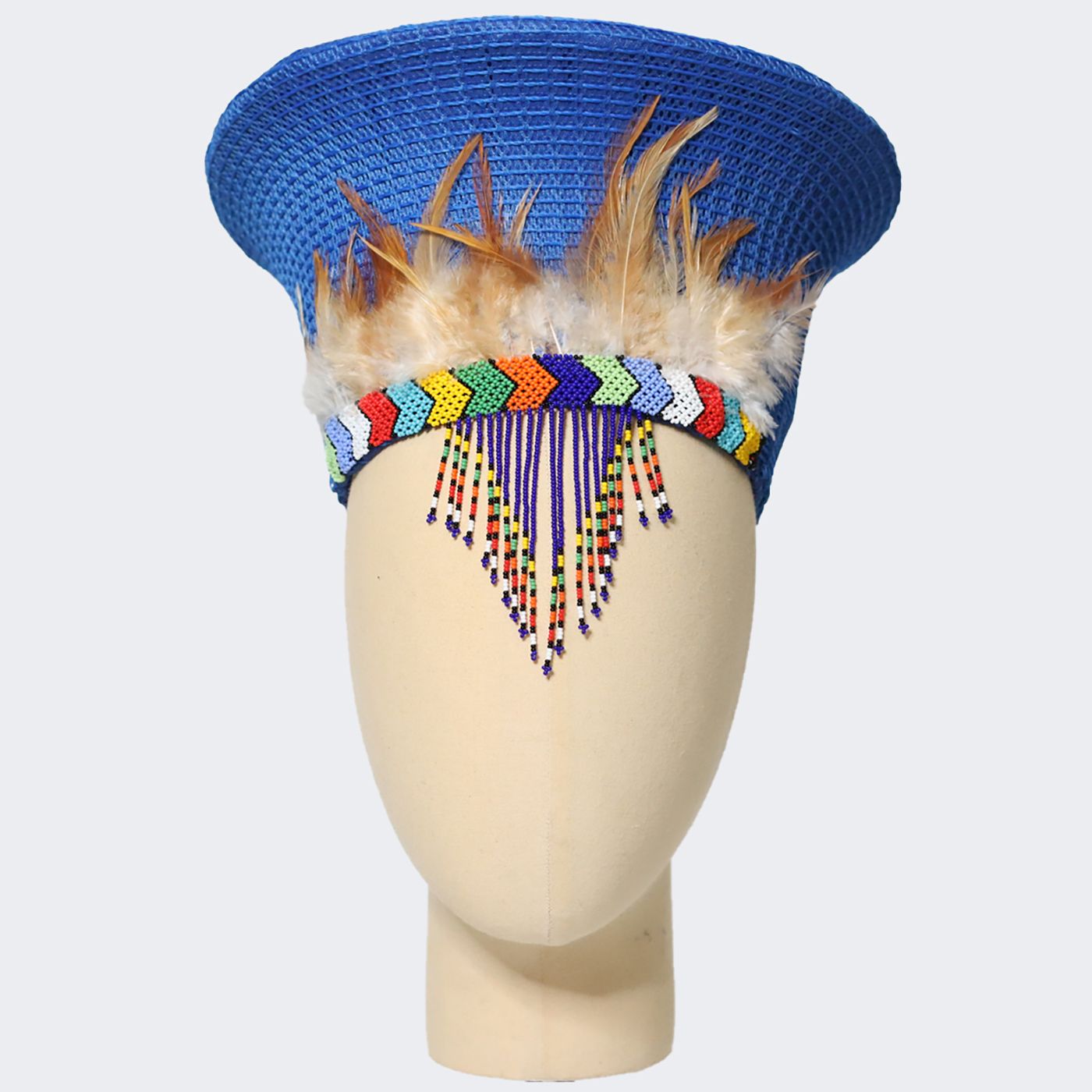 Zulu Basket Hat with Beading & Feathers - Blue-0