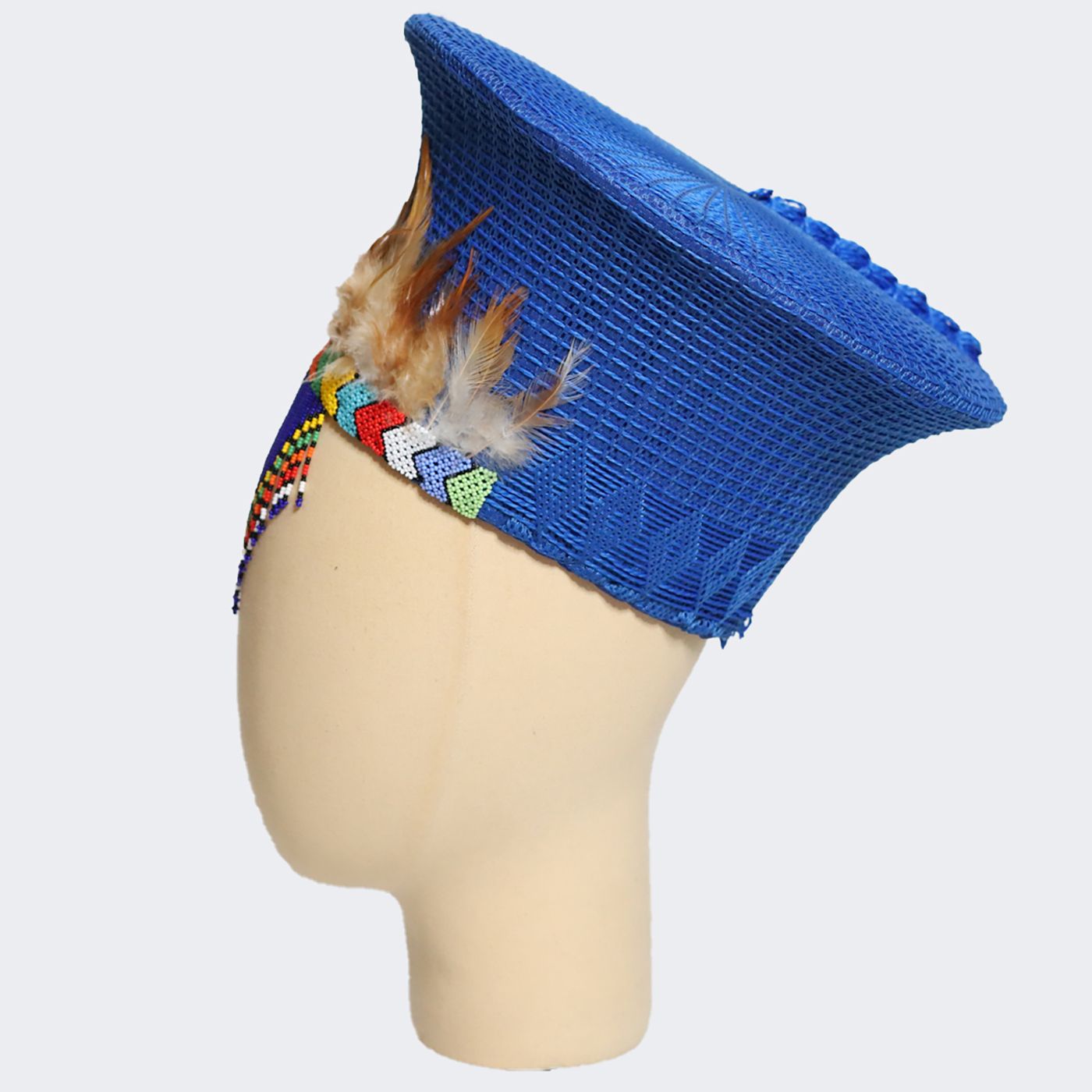 Zulu Basket Hat with Beading & Feathers - Blue-1