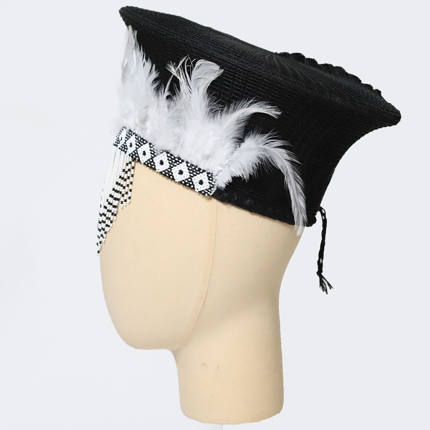 Zulu Basket Hat with Beading & Feathers - Black & White-1