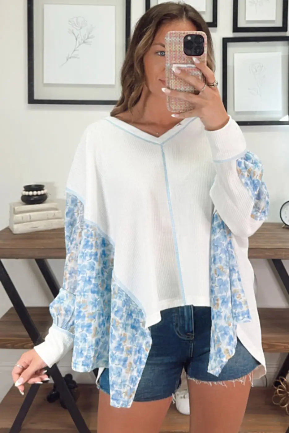 Abstract Floral Batwing Blouse-2