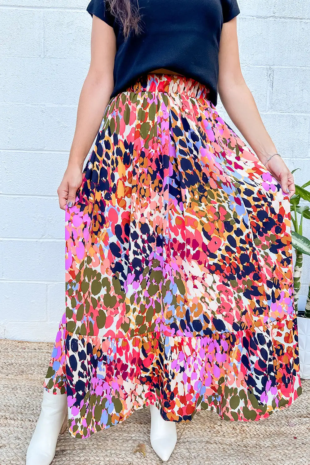 Abstract Floral Ruffled Maxi Skirt-0