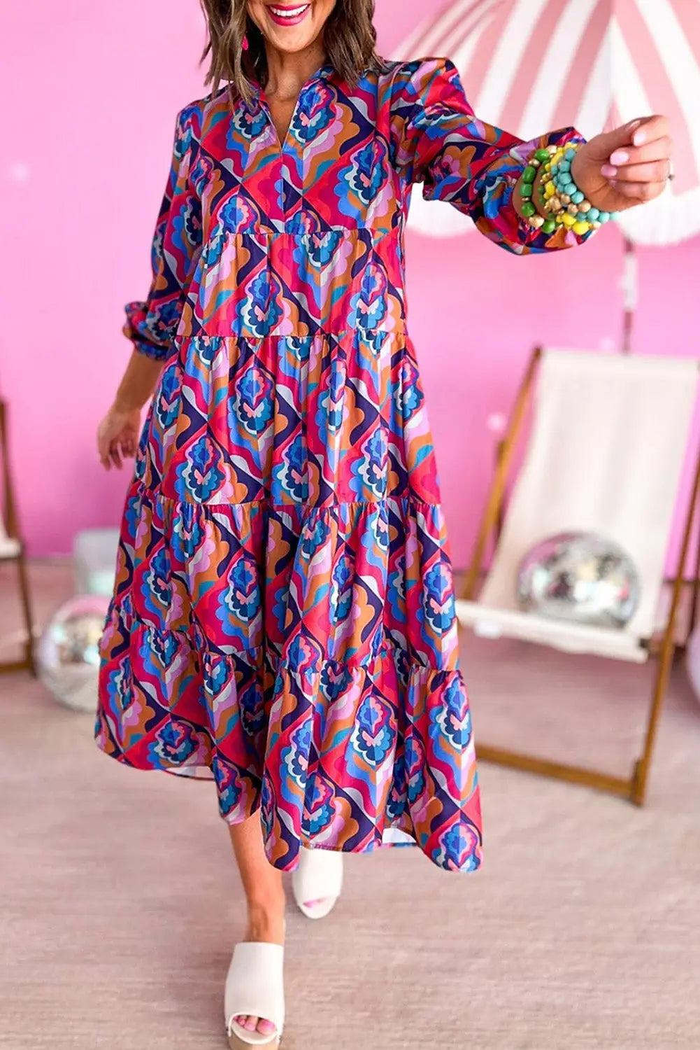 Abstract Geometric Print Long Sleeve High Waist Dress-0