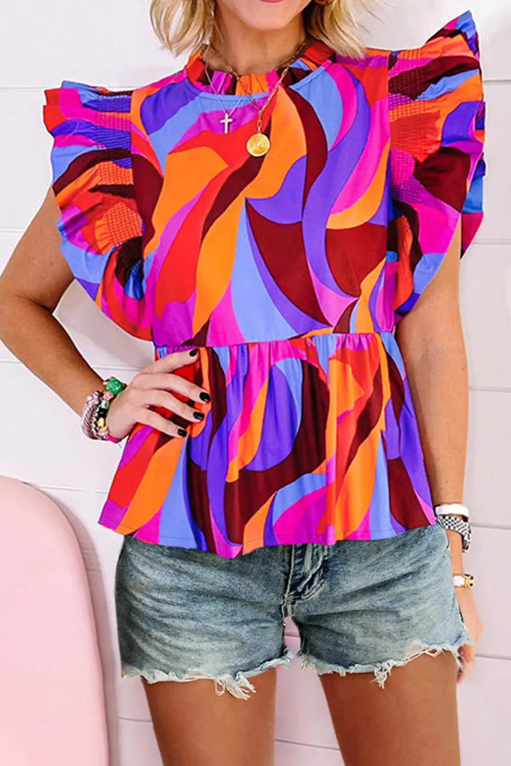 Abstract Print Flutter Sleeve Peplum Blouse-0