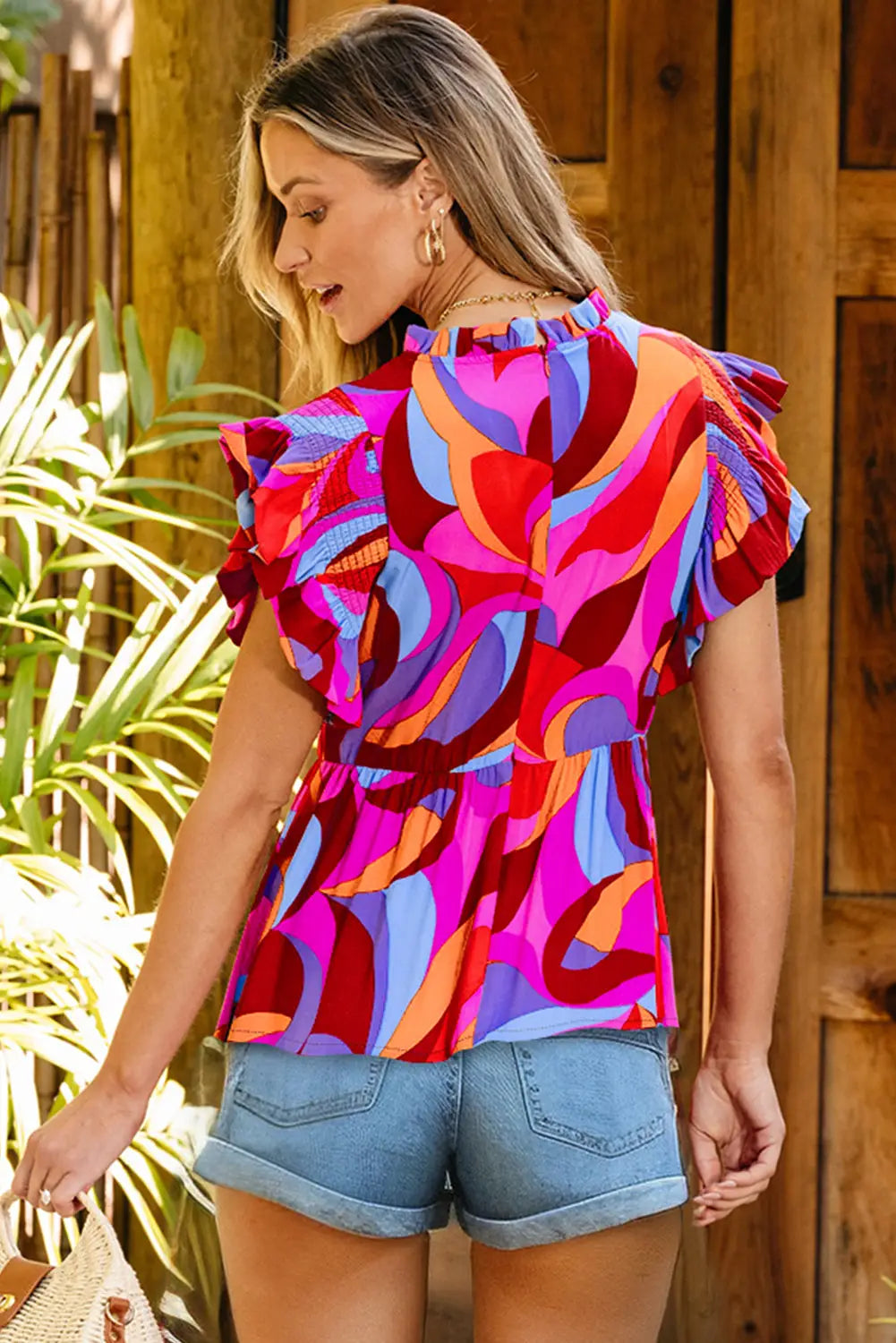 Abstract Print Flutter Sleeve Peplum Blouse-1