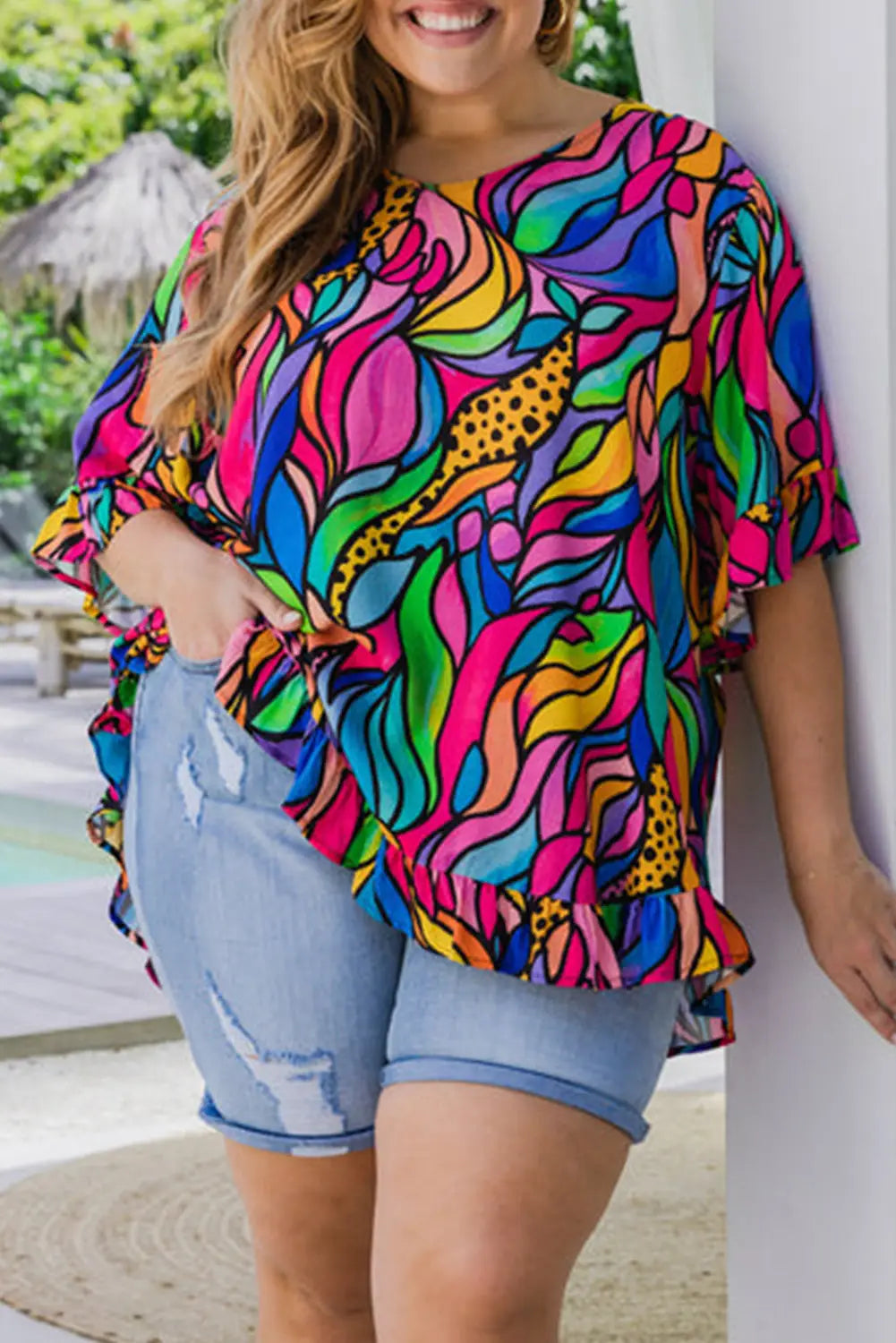 Abstract Print Plus Size Frilly Trim Blouse-0