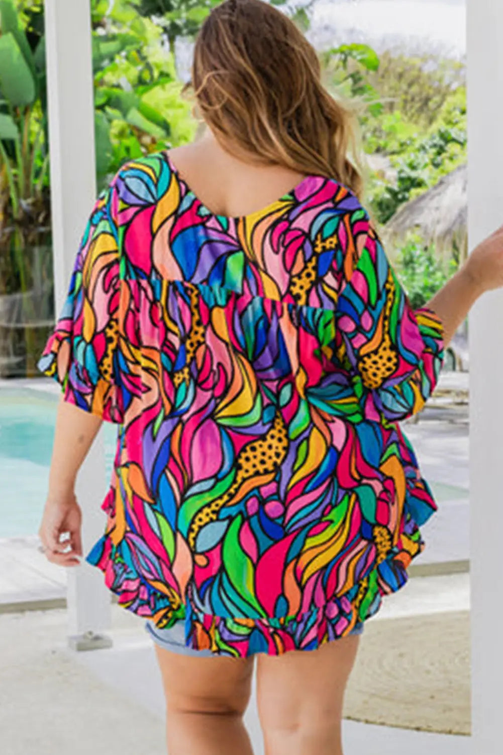 Abstract Print Plus Size Frilly Trim Blouse-1