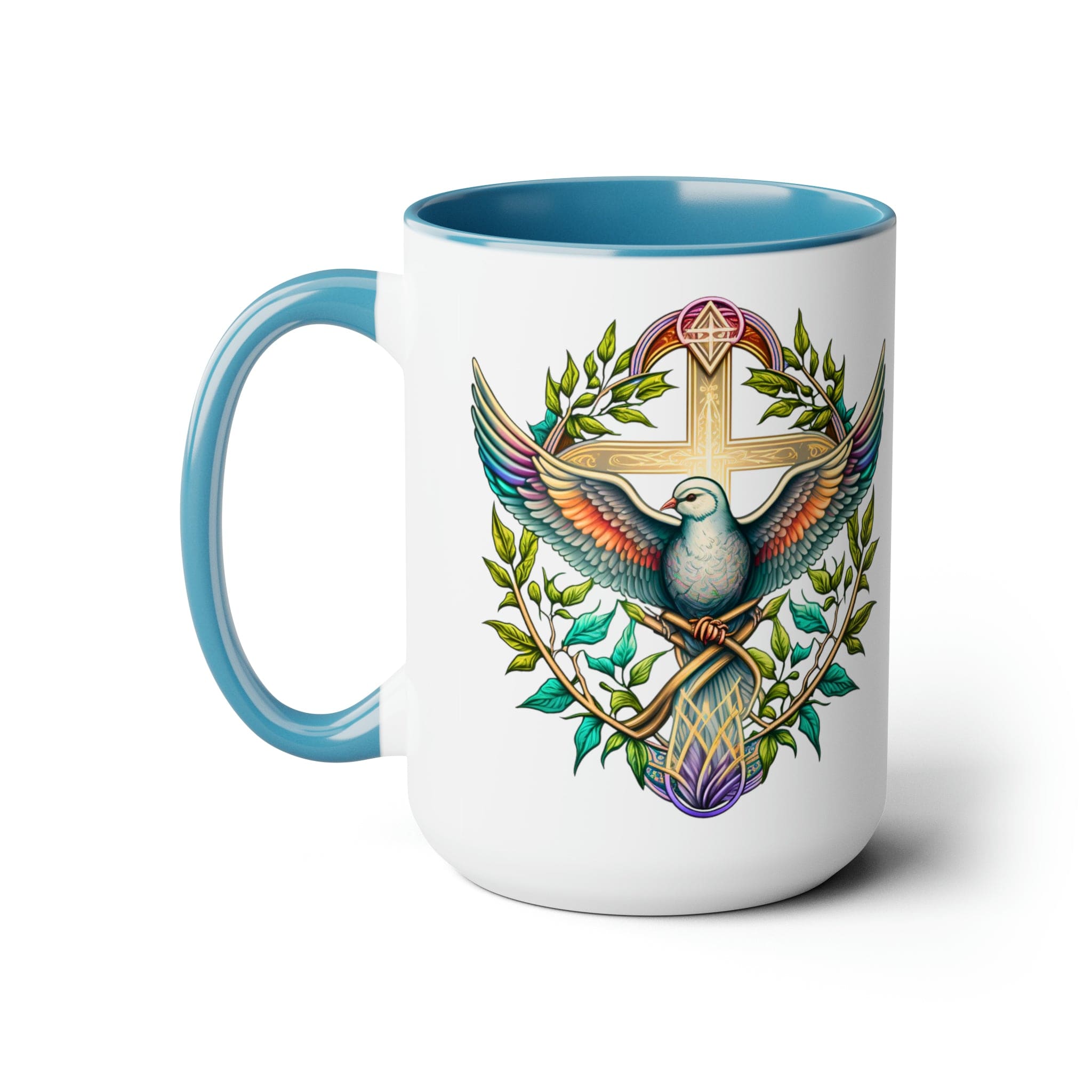 Accent Ceramic Coffee Mug 15oz - Blue Green Multicolor Dove Floral Illustration-1