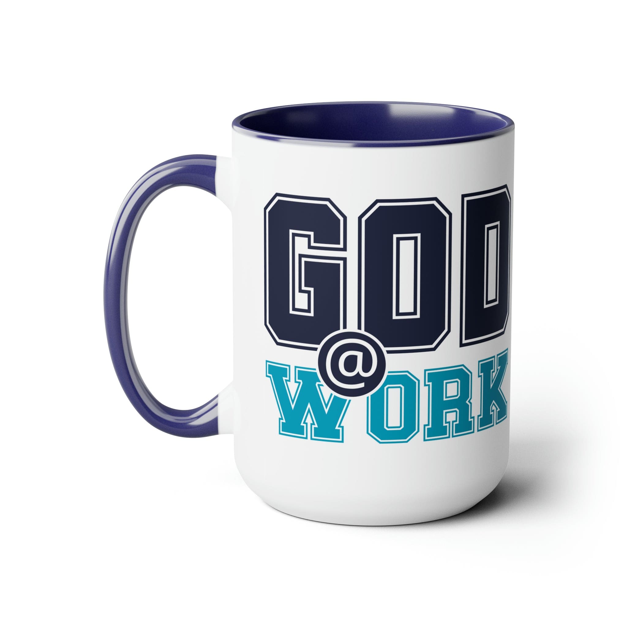 Accent Ceramic Coffee Mug 15oz - God @ Work Navy Blue And Blue Green Print-2