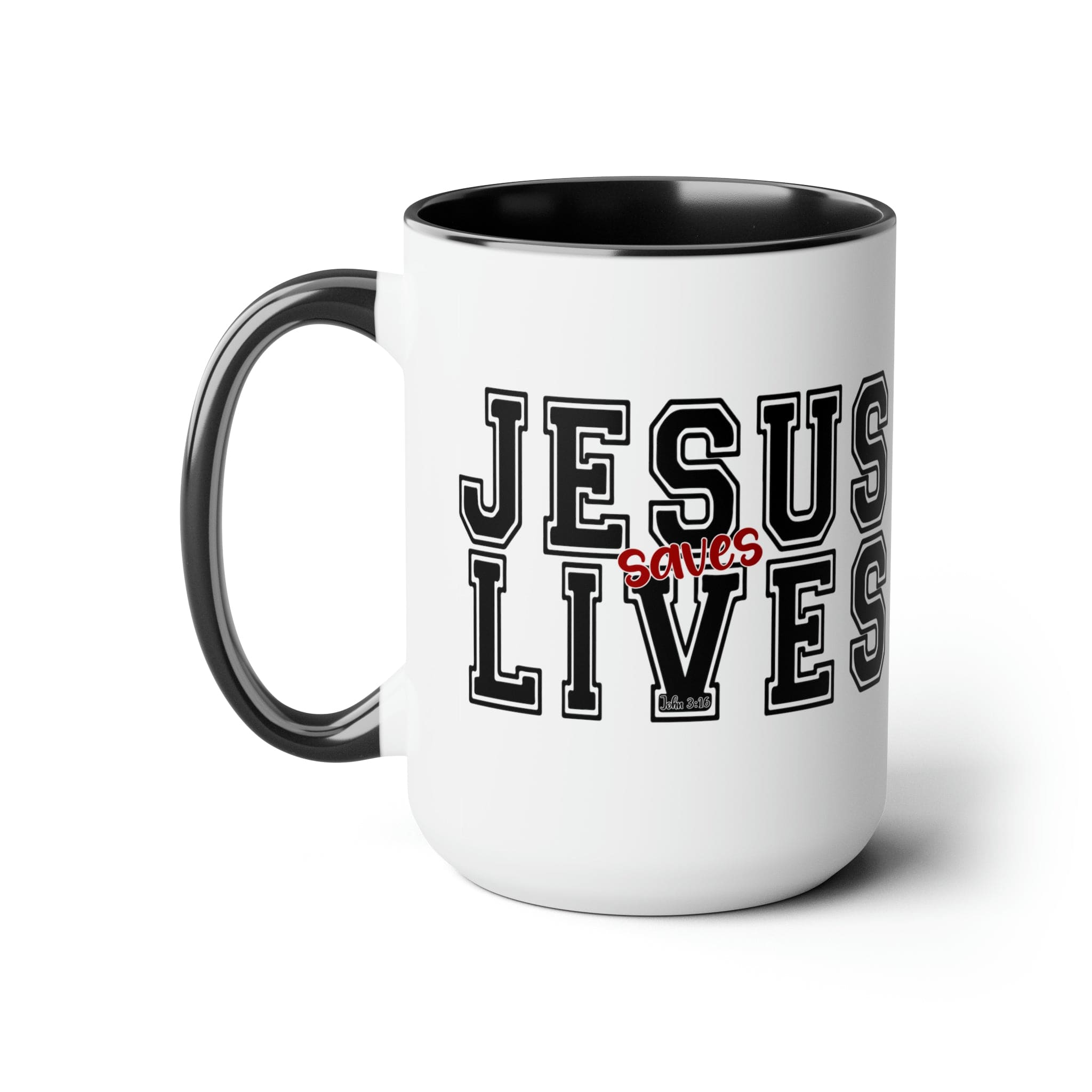 Accent Ceramic Coffee Mug 15oz - Jesus Saves Lives Black Red Illustration-0