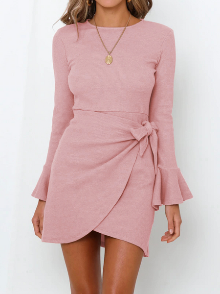 Flared Long Sleeve Slim Bow Dress