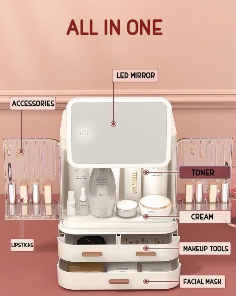 All-in-one Organizer with Led Mirror for Makeup Skincare & Accessories-1