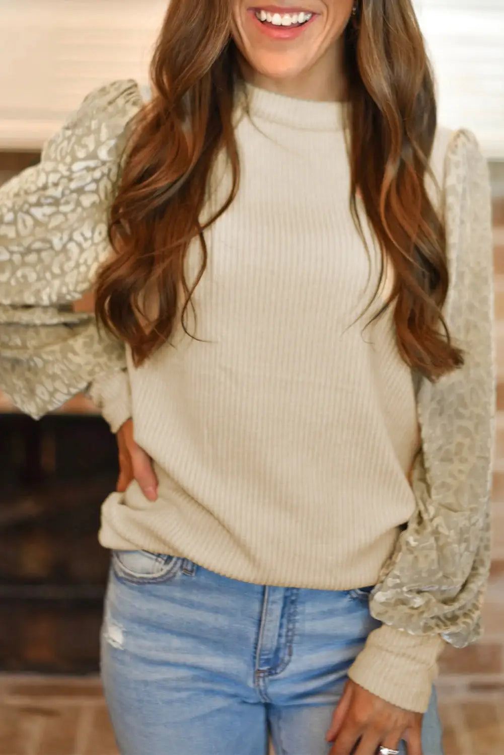 Apricot Leopard Print Long Sleeve Ribbed Knit Blouse-0