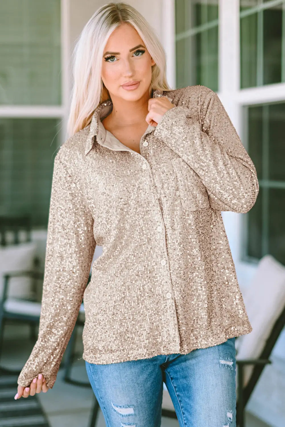 Apricot Sequin Collared Bust Pocket Buttoned Shirt-0