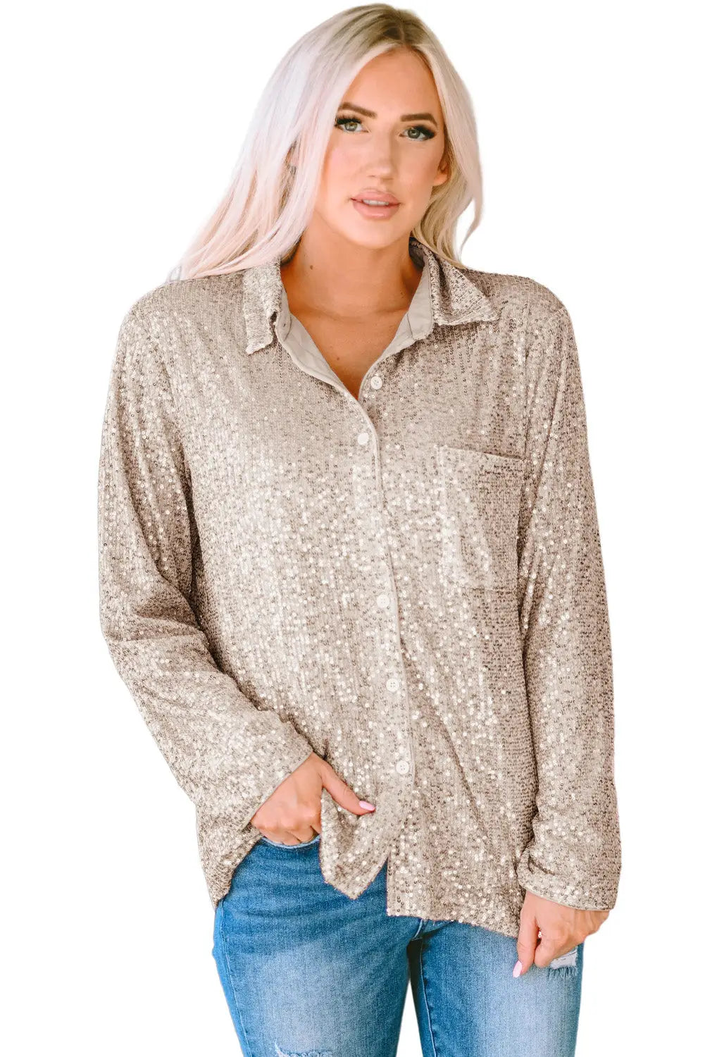 Apricot Sequin Collared Bust Pocket Buttoned Shirt-15