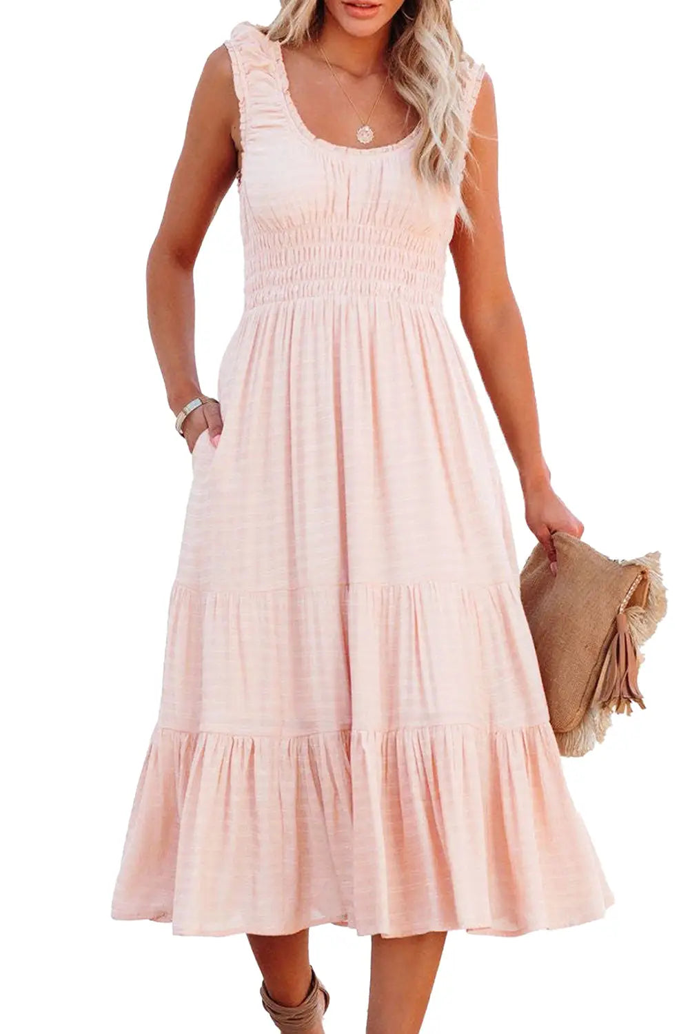 Apricot Smocked Ruched Sleeveless High Waist Midi Dress-11