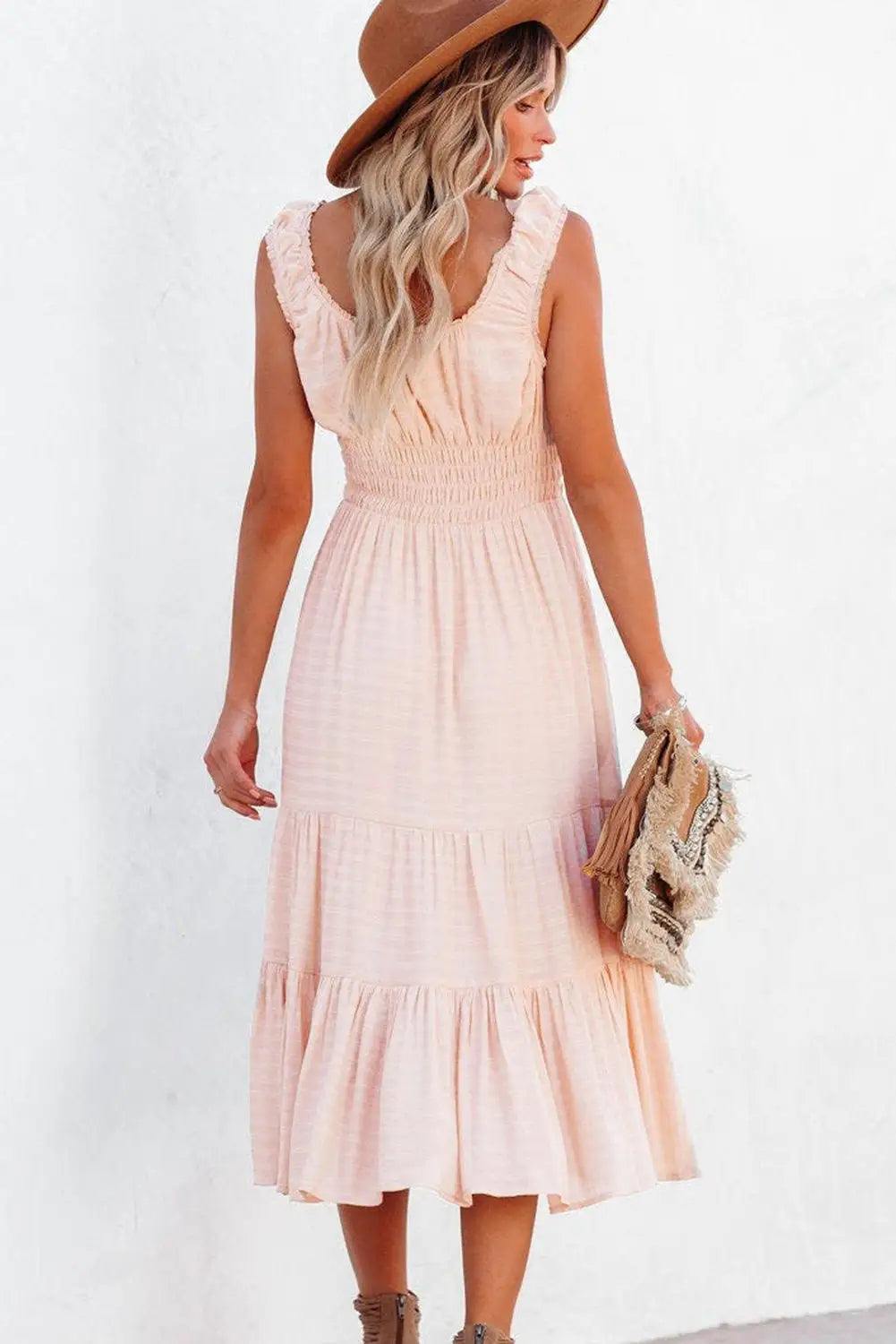 Apricot Smocked Ruched Sleeveless High Waist Midi Dress-1