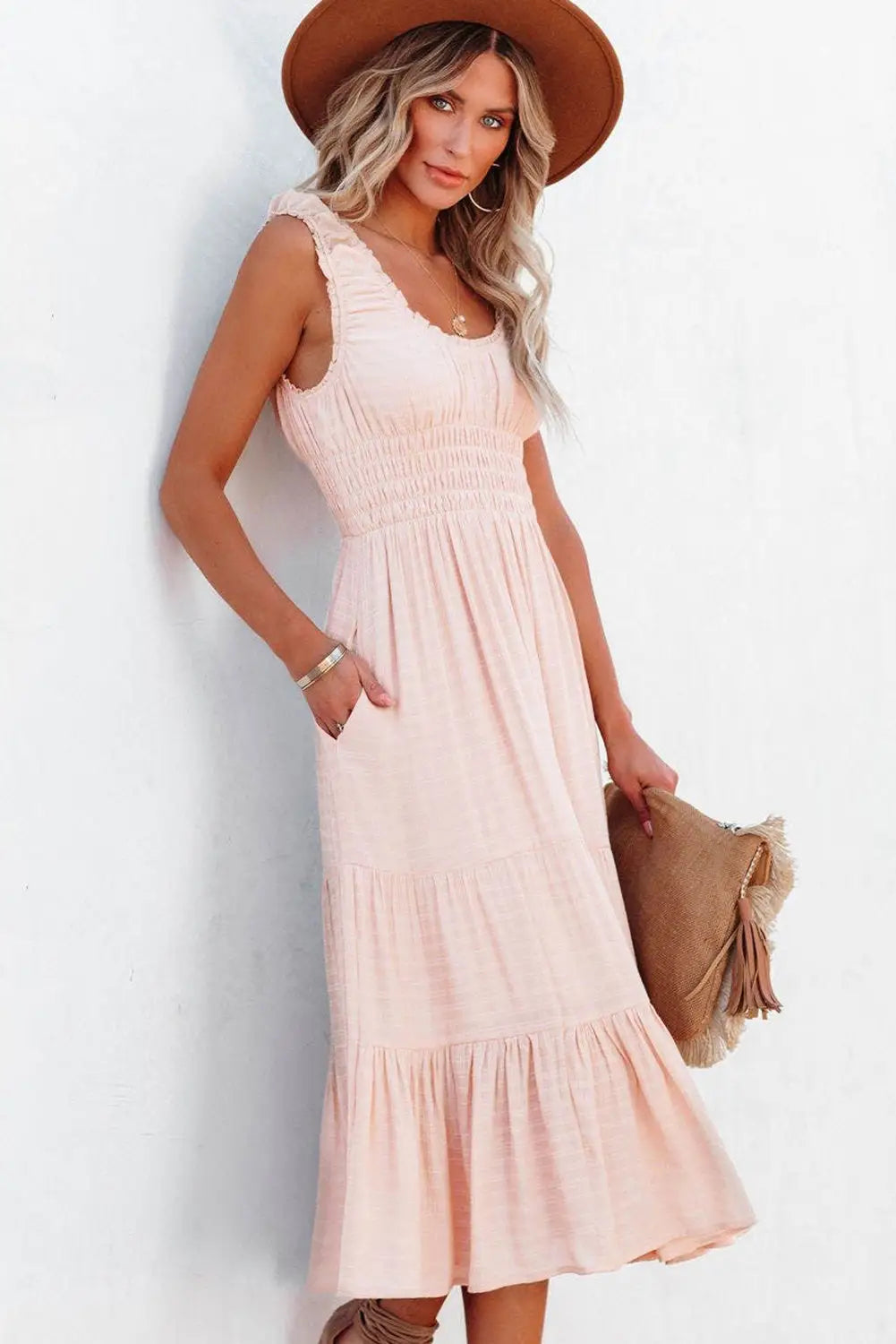 Apricot Smocked Ruched Sleeveless High Waist Midi Dress-3