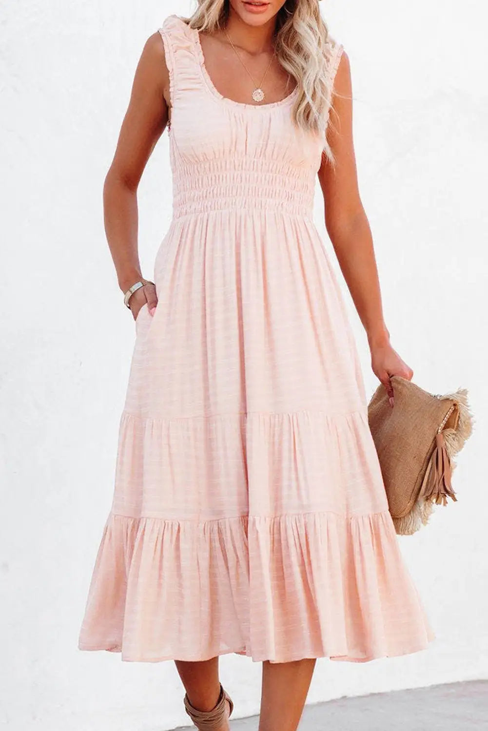 Apricot Smocked Ruched Sleeveless High Waist Midi Dress-0