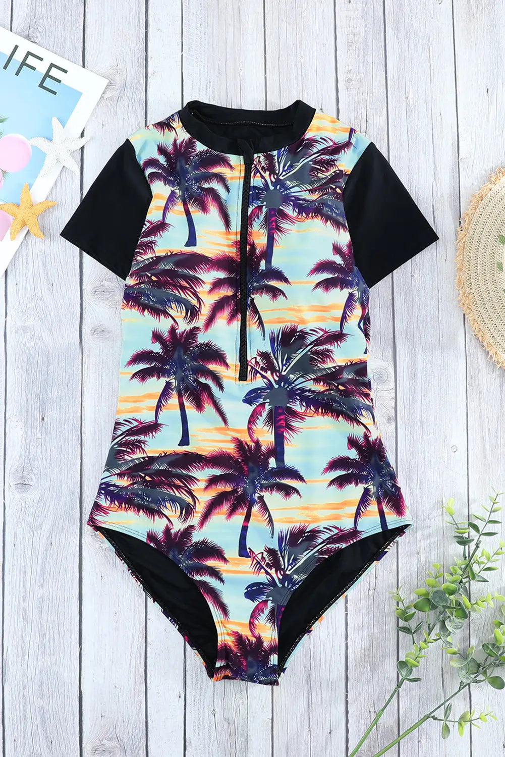 Beach Sunset Zip Front Half Sleeve One Piece Swimsuit-8