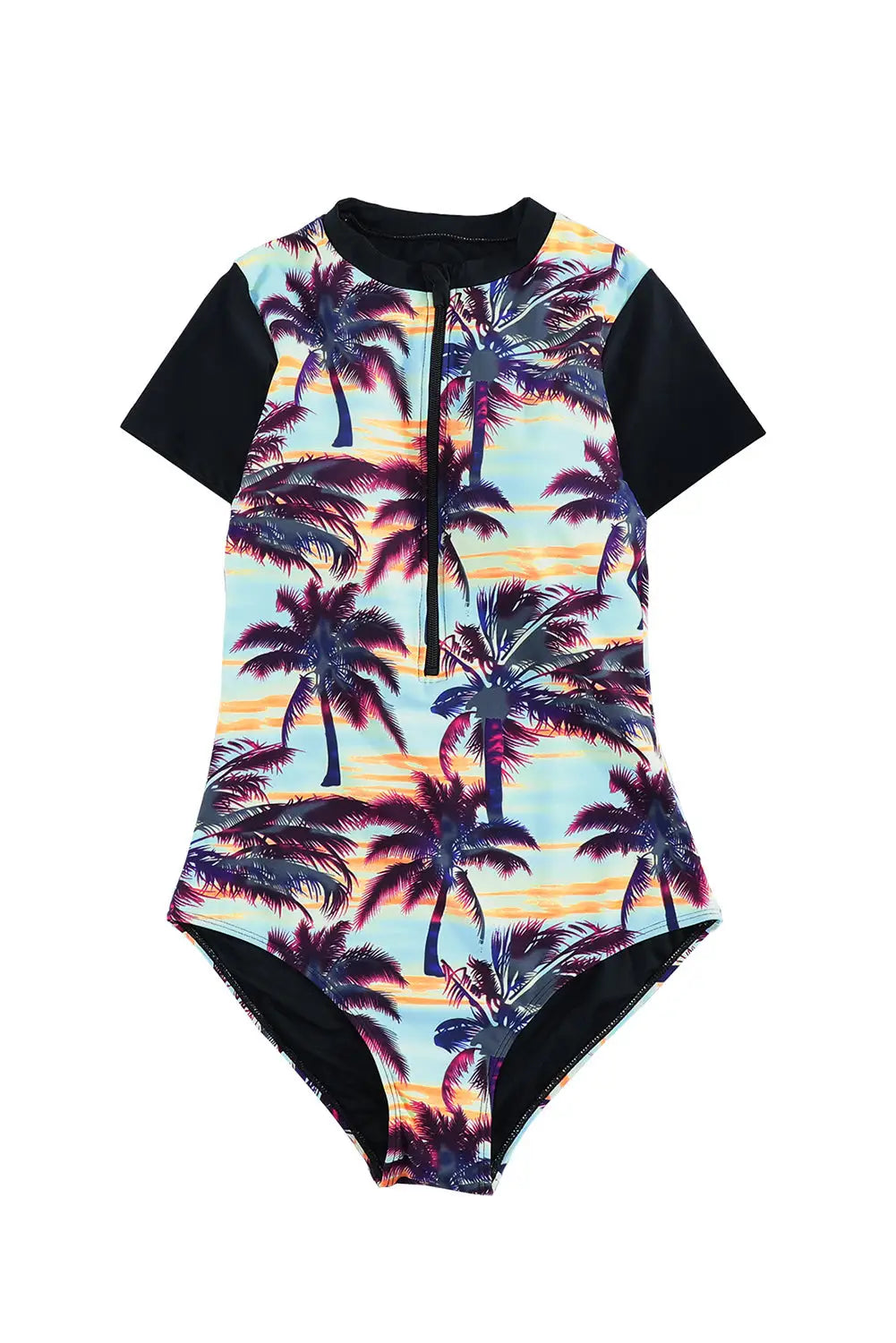 Beach Sunset Zip Front Half Sleeve One Piece Swimsuit-18