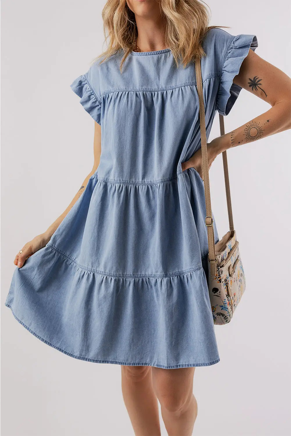 Beau Blue Denim Dress - Ruffle Short Sleeve Tiered A-line-3