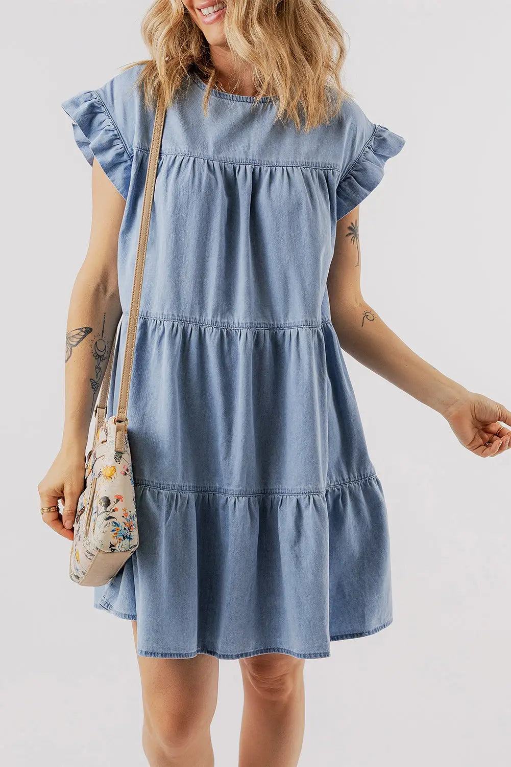 Beau Blue Denim Dress - Ruffle Short Sleeve Tiered A-line-4