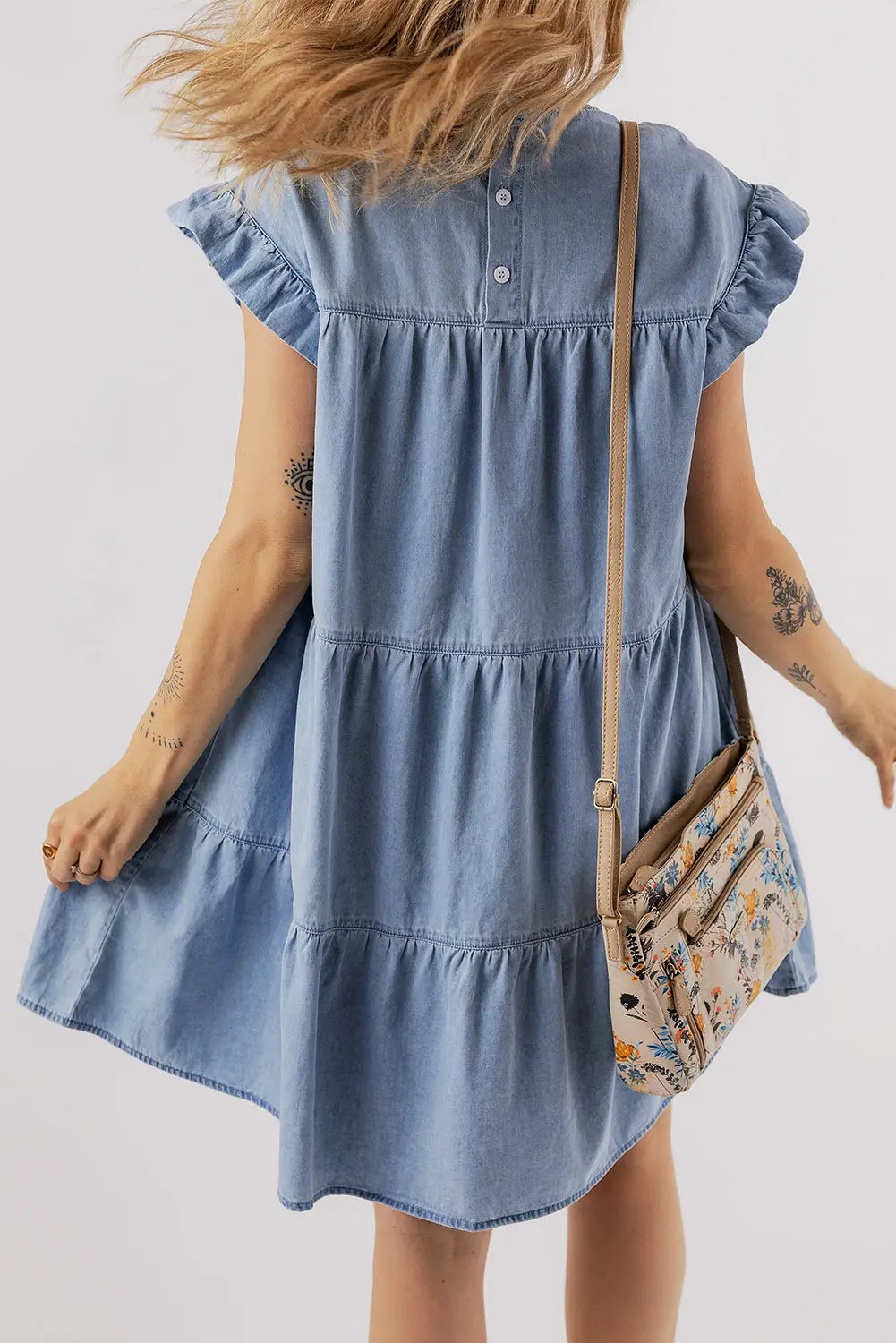 Beau Blue Denim Dress - Ruffle Short Sleeve Tiered A-line-2