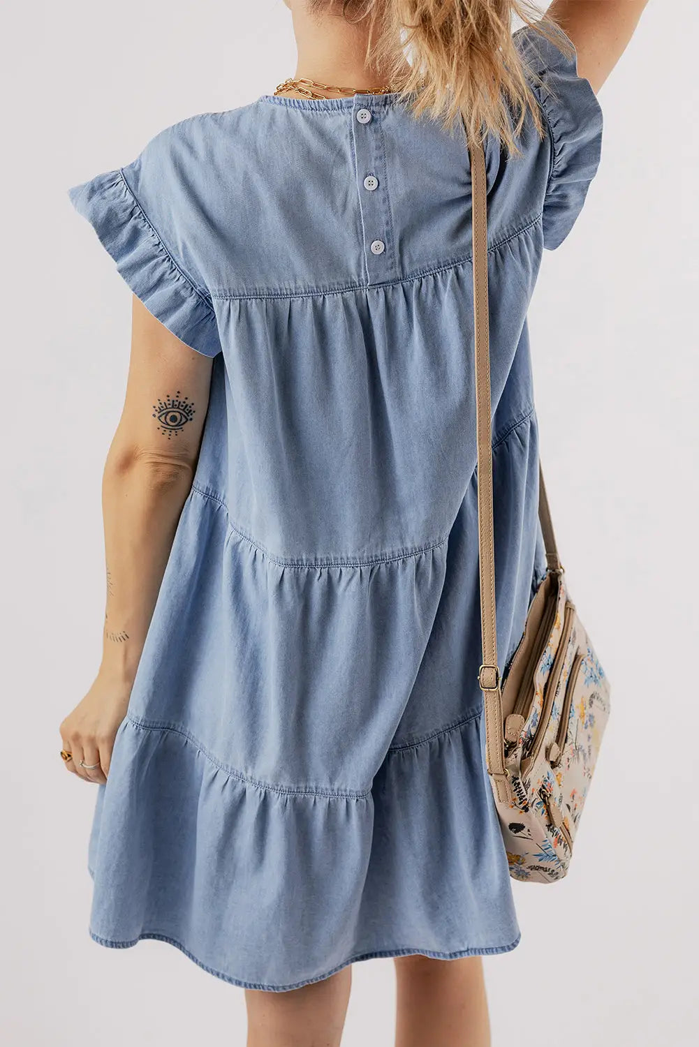 Beau Blue Denim Dress - Ruffle Short Sleeve Tiered A-line-1