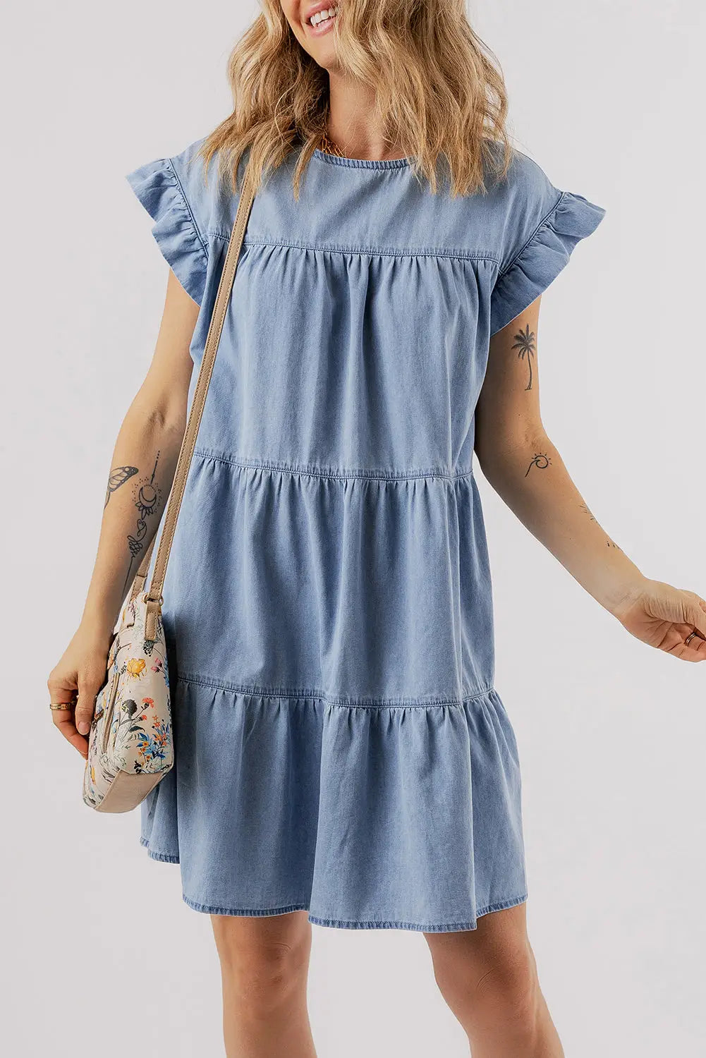 Beau Blue Denim Dress - Ruffle Short Sleeve Tiered A-line-0