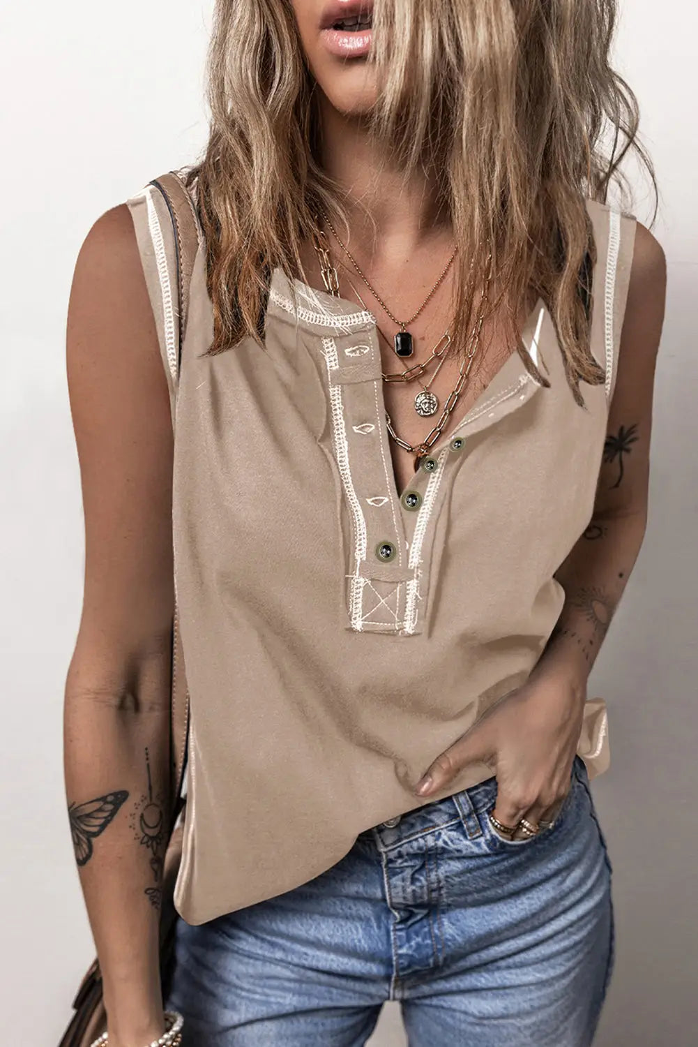 Beige Exposed Seam Henley Tank Top-0