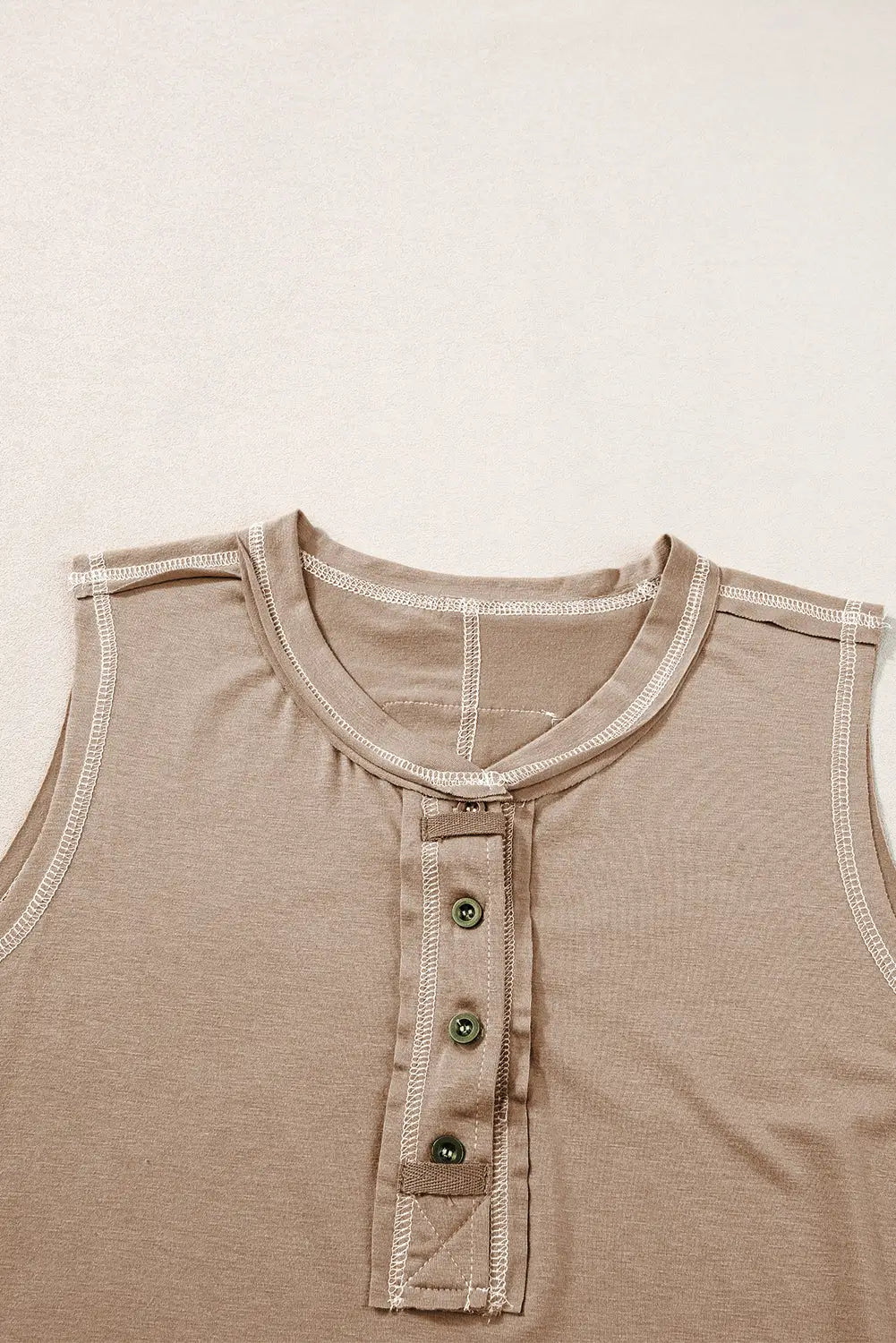 Beige Exposed Seam Henley Tank Top-4