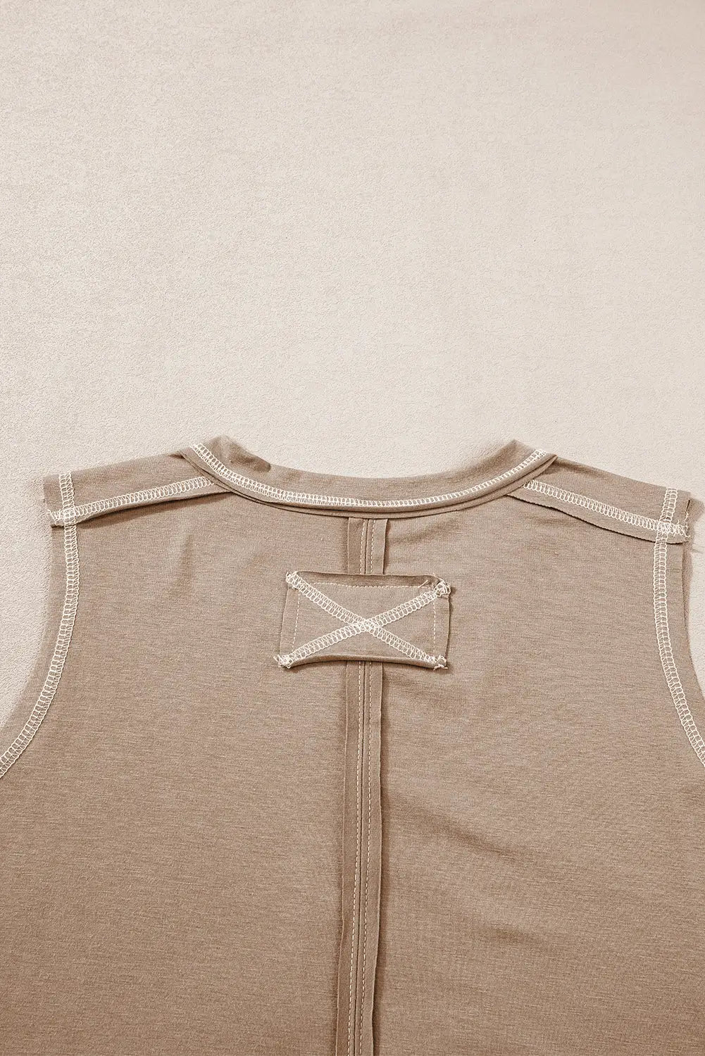 Beige Exposed Seam Henley Tank Top-7