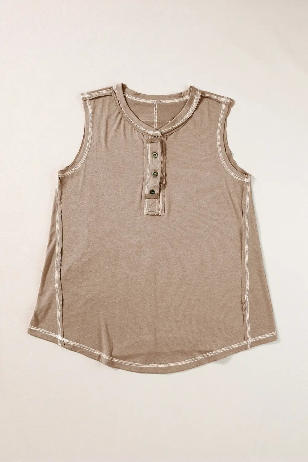 Beige Exposed Seam Henley Tank Top-2