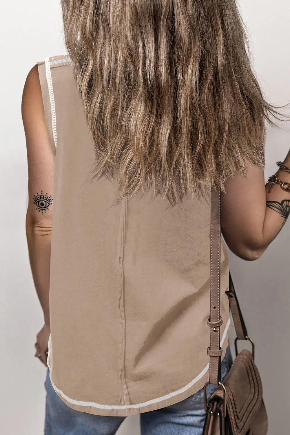 Beige Exposed Seam Henley Tank Top-1