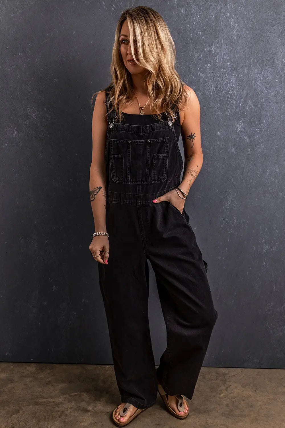 Black Adjustable Buckle Straps Denim Overalls-2