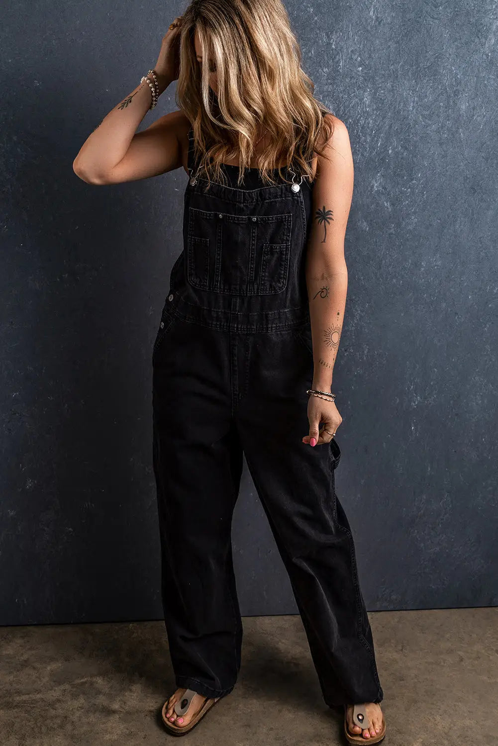 Black Adjustable Buckle Straps Denim Overalls-5