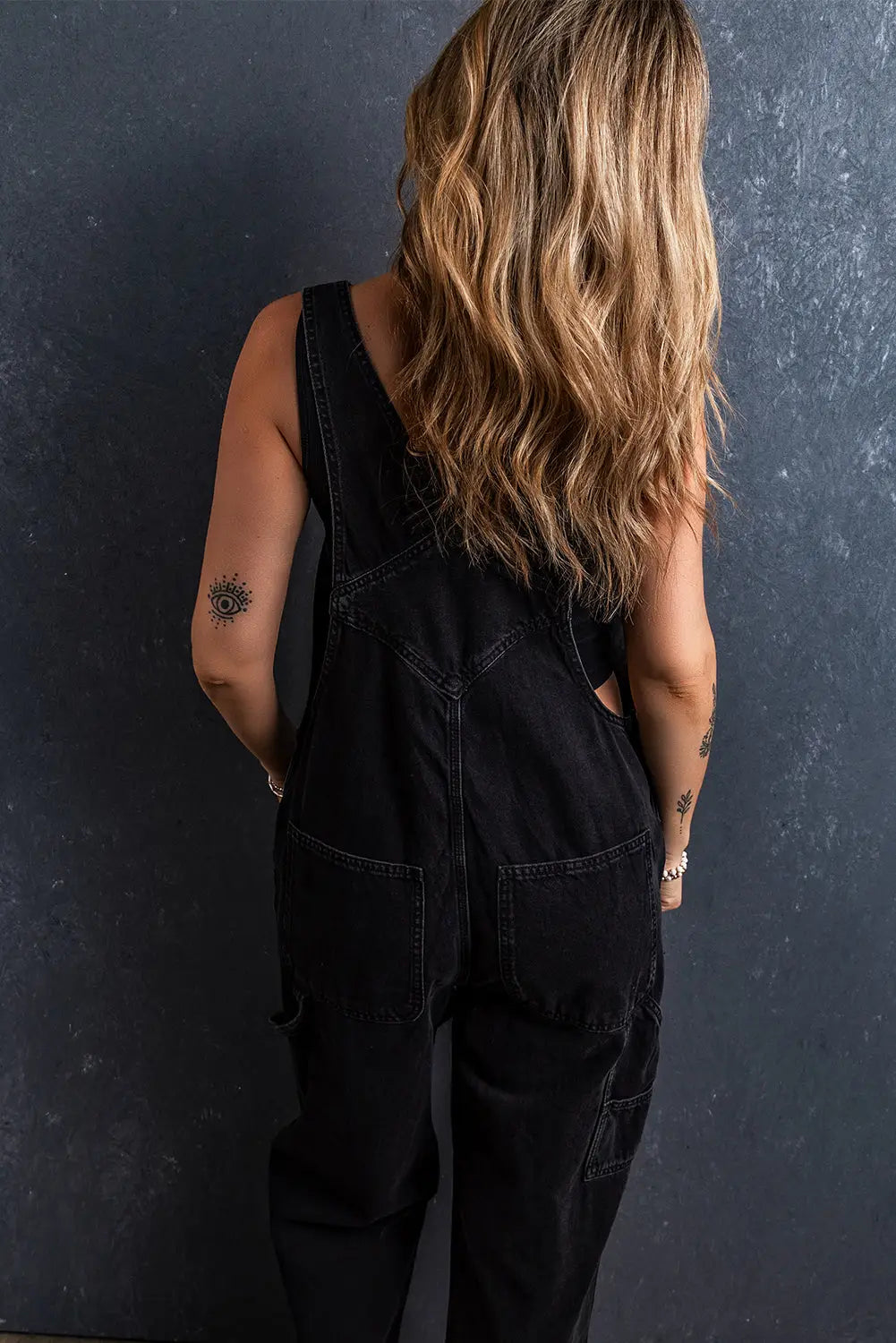 Black Adjustable Buckle Straps Denim Overalls-1