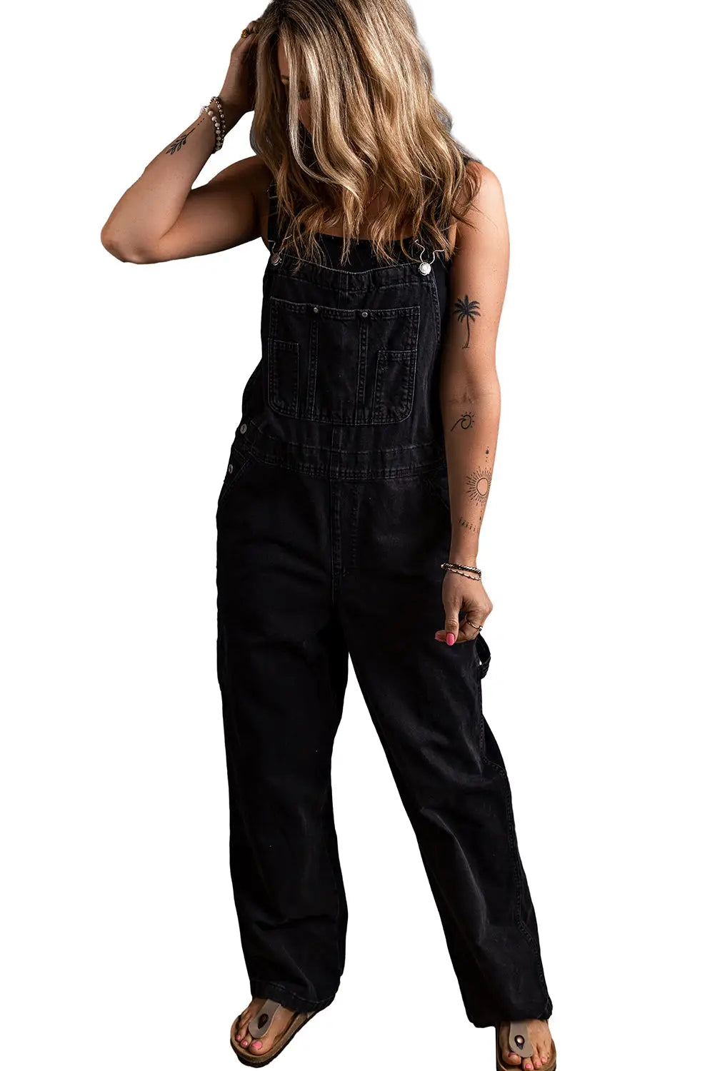 Black Adjustable Buckle Straps Denim Overalls-6