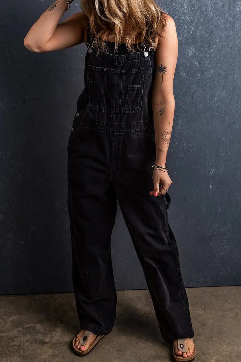 Black Adjustable Buckle Straps Denim Overalls-0