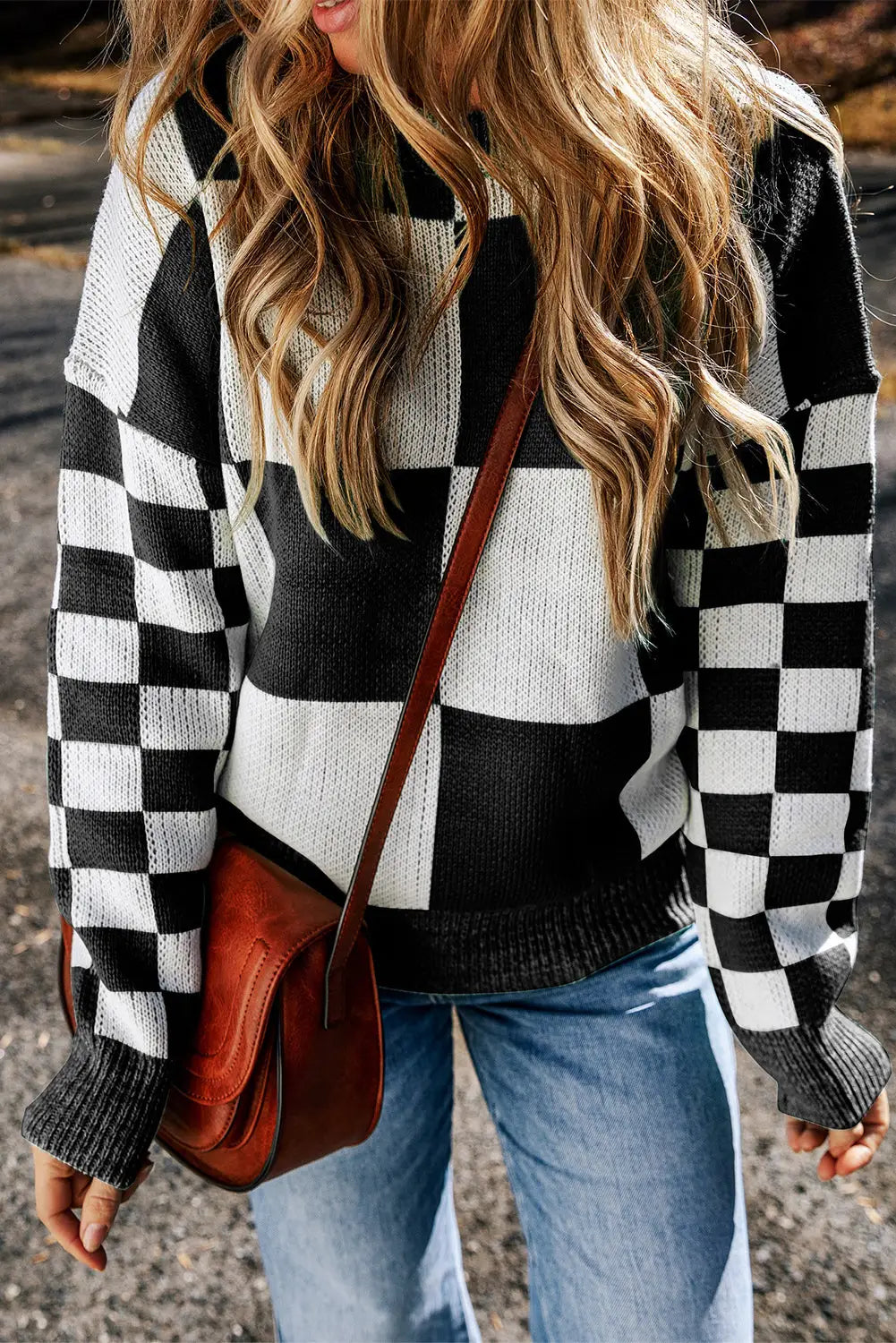 Black Checkered Print Drop Shoulder Sweater-3