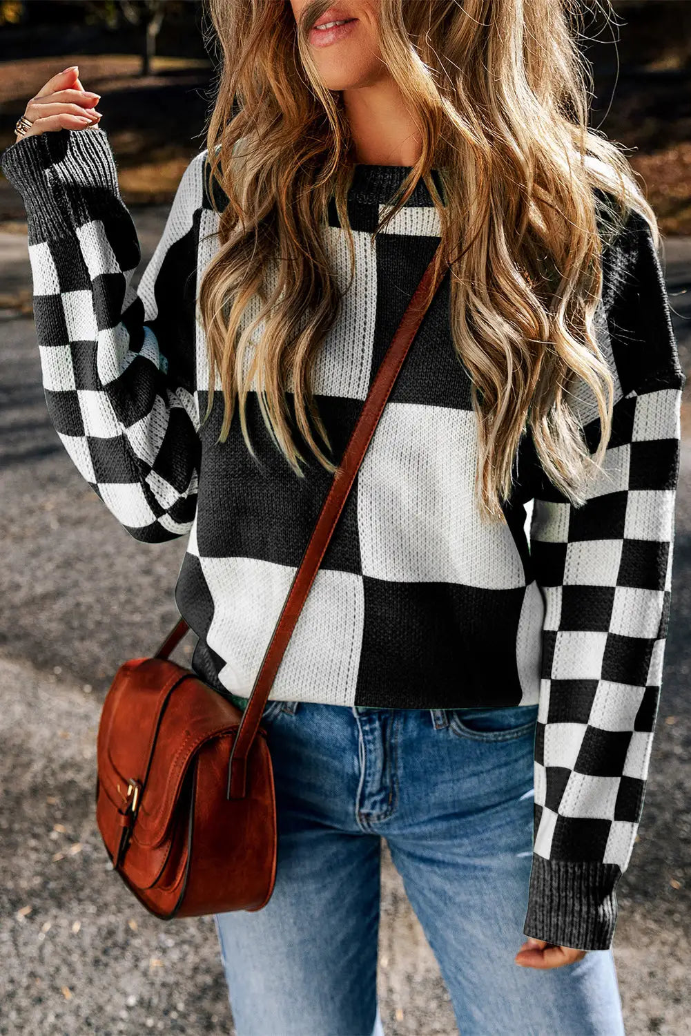 Black Checkered Print Drop Shoulder Sweater-2