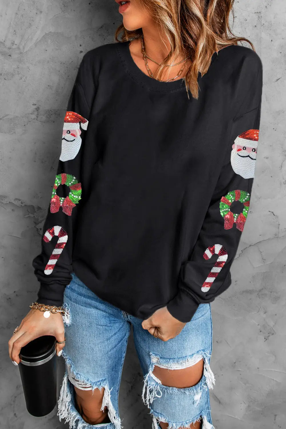 Black Christmas Pattern Sequined Crewneck Sweatshirt-5