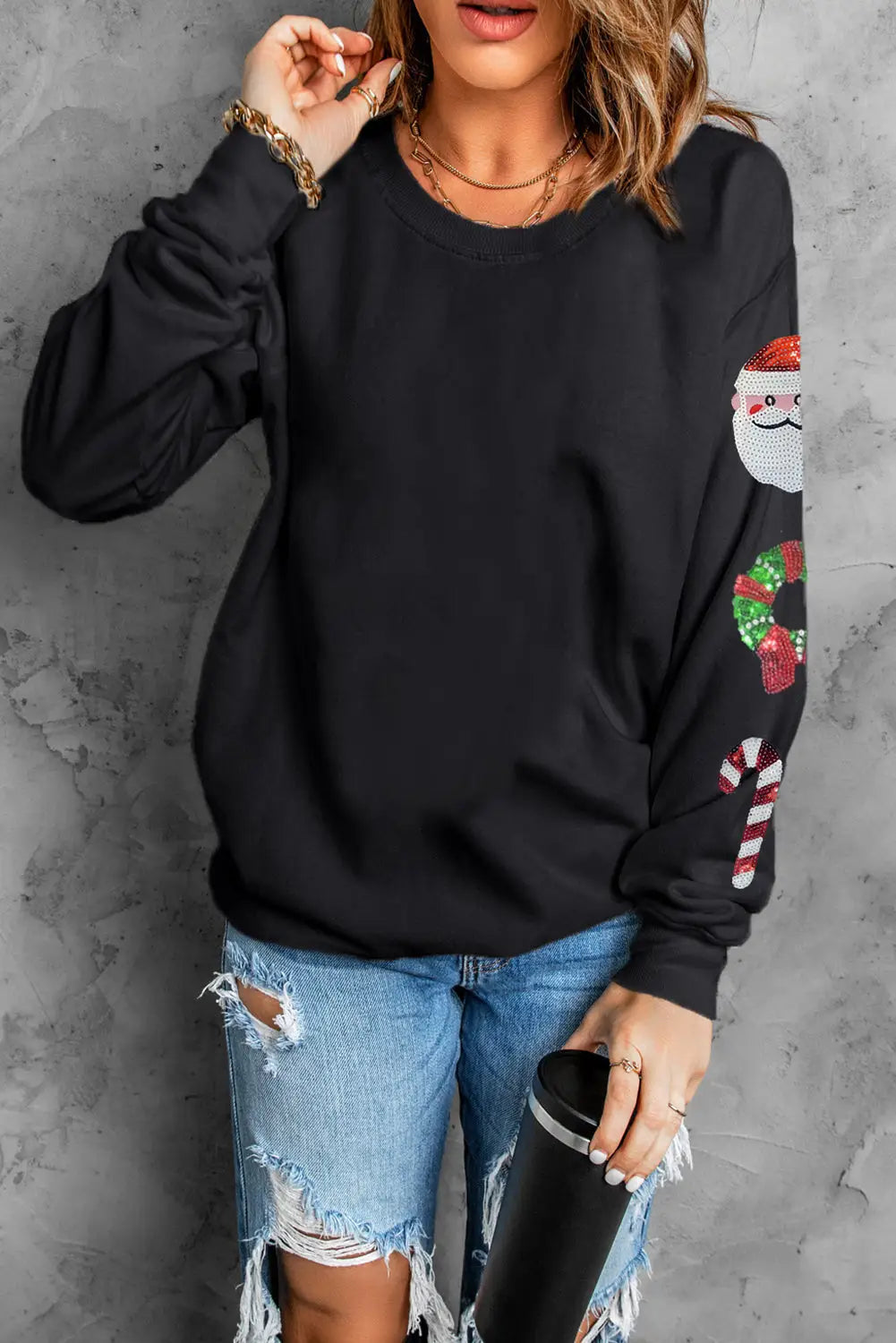 Black Christmas Pattern Sequined Crewneck Sweatshirt-6