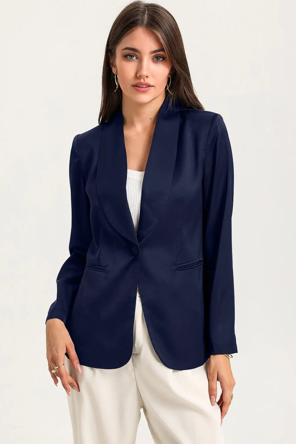 Black Collared Neck Single Breasted Blazer with Pockets-7