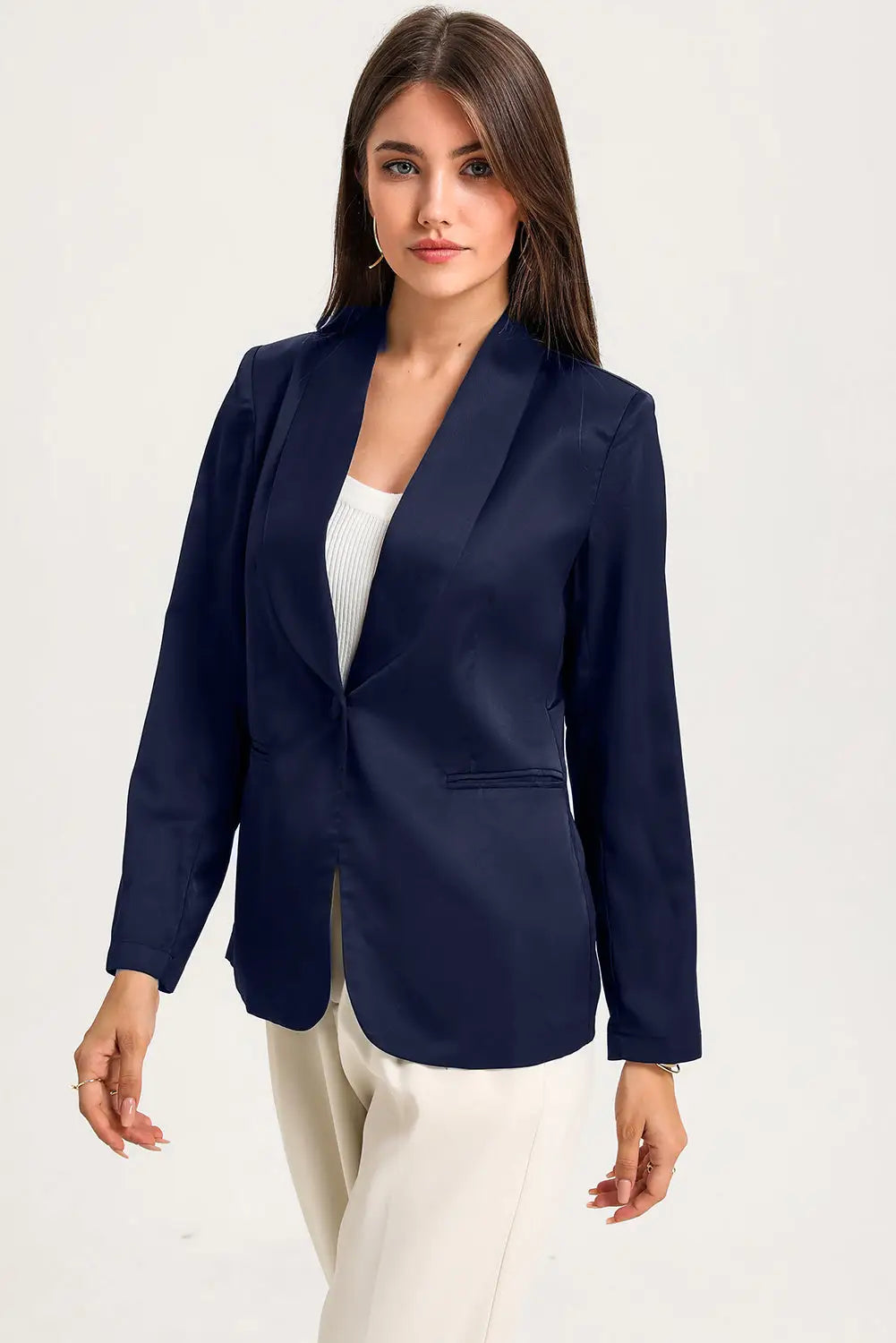 Black Collared Neck Single Breasted Blazer with Pockets-9