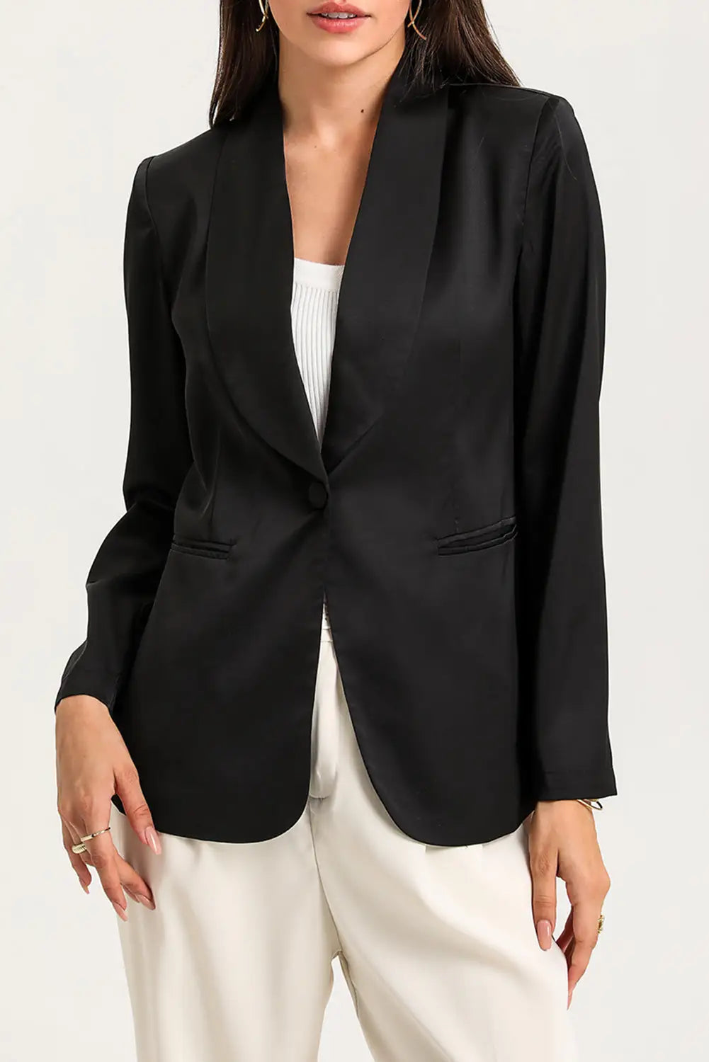 Black Collared Neck Single Breasted Blazer with Pockets-5